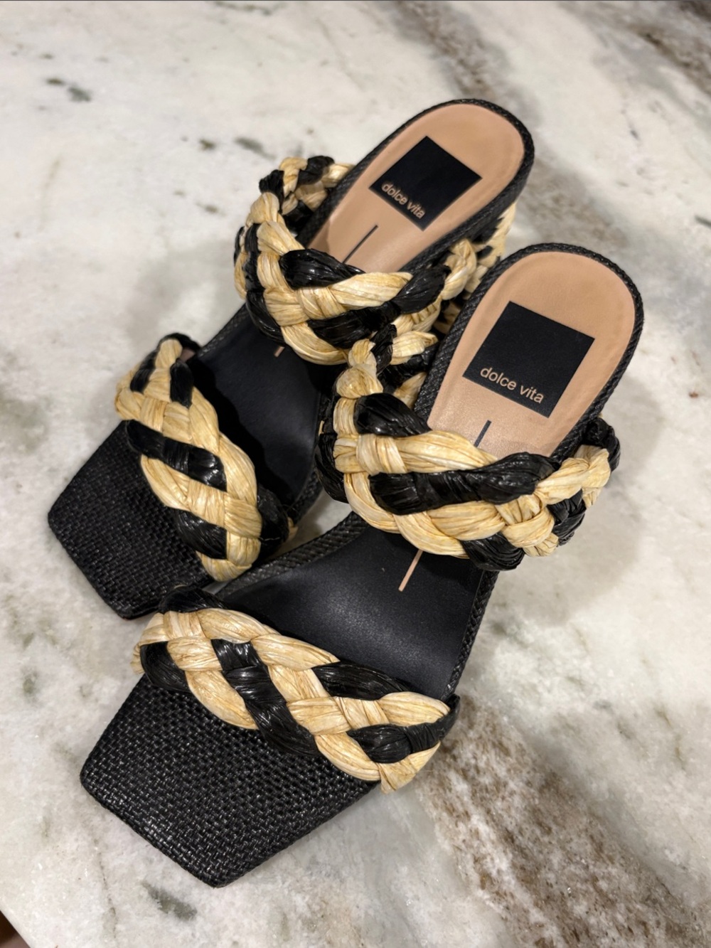 Dolce Vita Black & Natural Braided Strap Slide Sandals